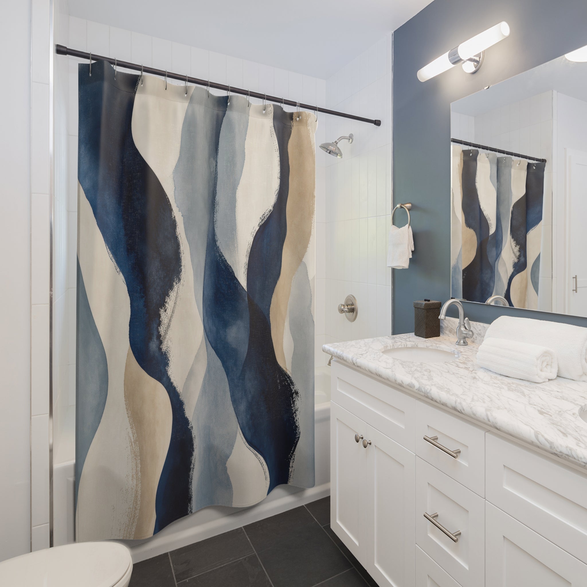 Navy Beige Watercolor Wave Stripe Shower Curtain