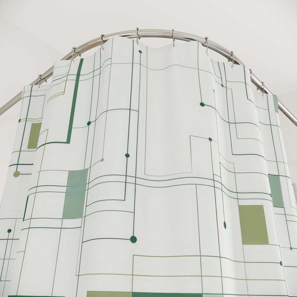 Modern Shower Curtain, Green White Grid Bath Decor, Abstract Line Pattern, Minimal Guest Bathroom Decor, Sage Geometric Style Decor