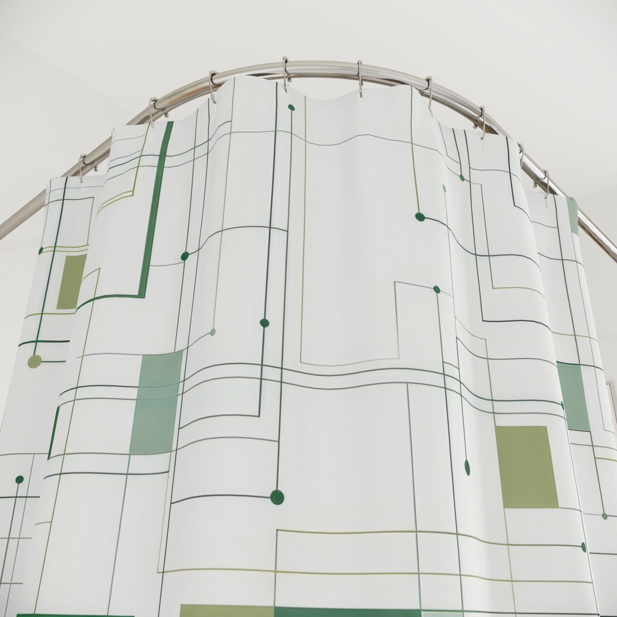 Modern Shower Curtain, Green White Grid Bath Decor, Abstract Line Pattern, Minimal Guest Bathroom Decor, Sage Geometric Style Decor