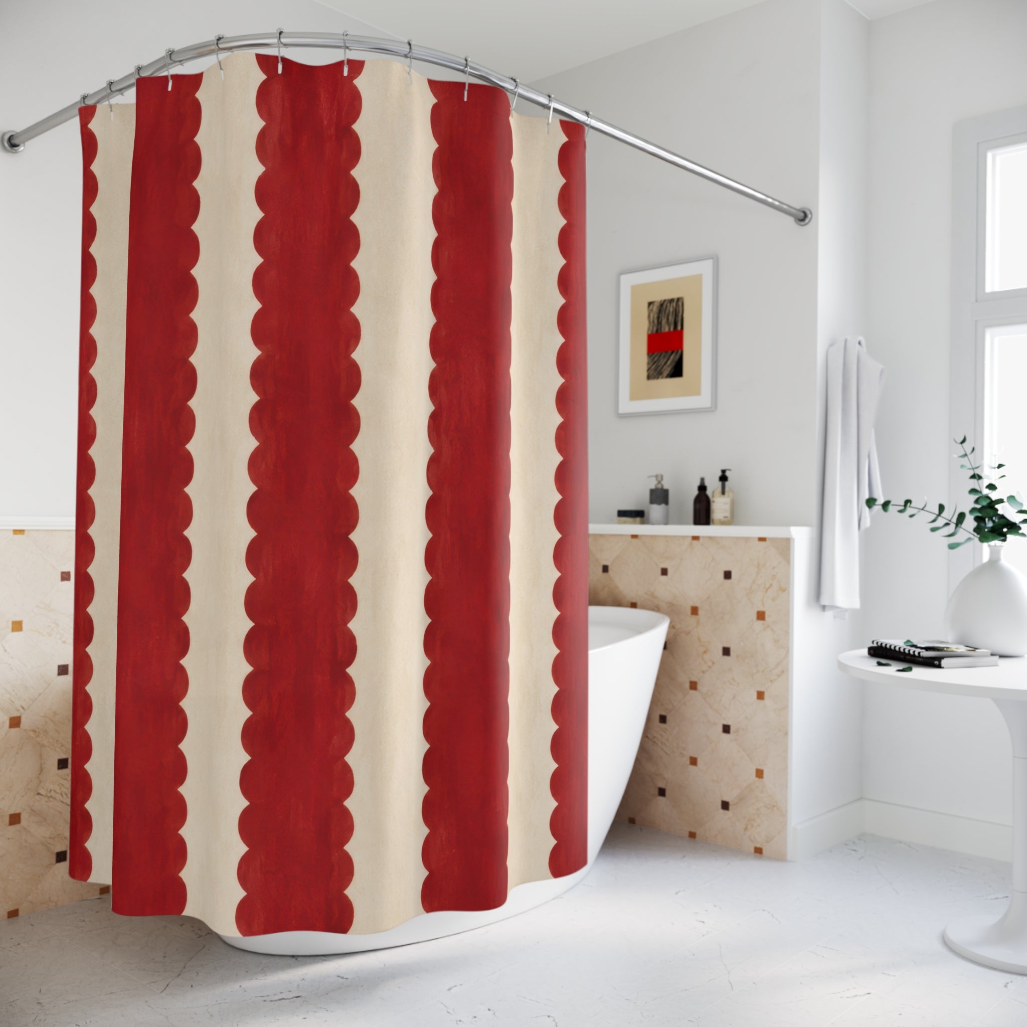 Red and White Striped Scallop Scalloped Cottage Grandmillennial Shower Curtain