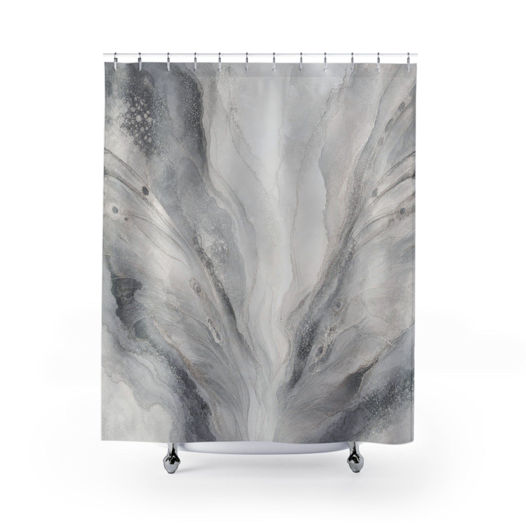 Marble Shower Curtain, Gray Abstract Bath Decor, White Charcoal Fan Pattern, Modern Neutral Guest Bathroom Decor, Soft Spa Marble Style