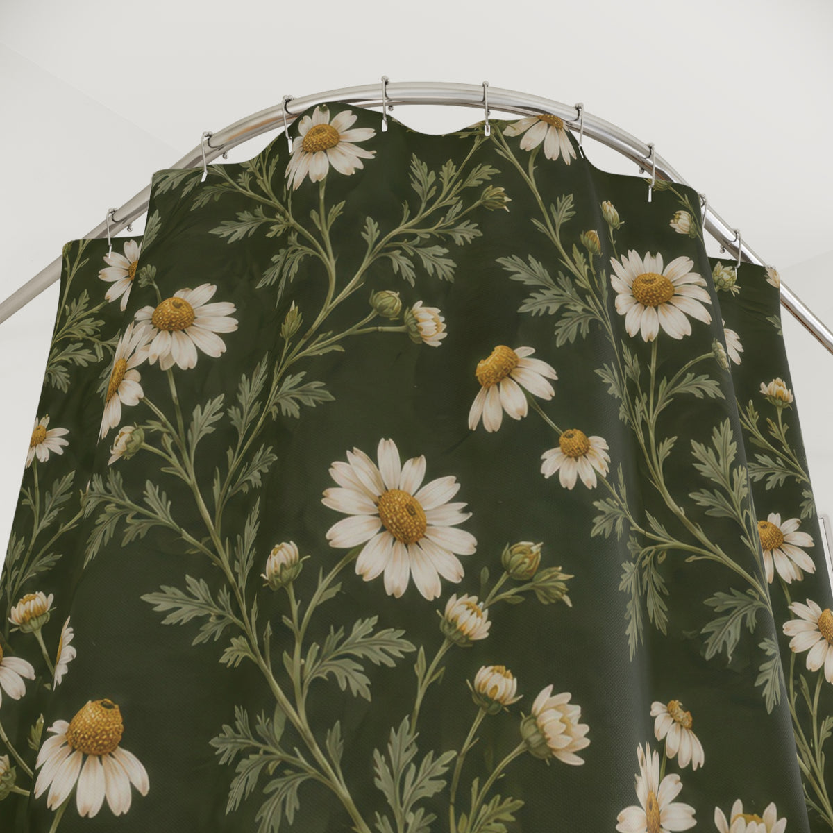 Cream chamomile flowers on olive shower curtain with close-up print, hooks, and folds