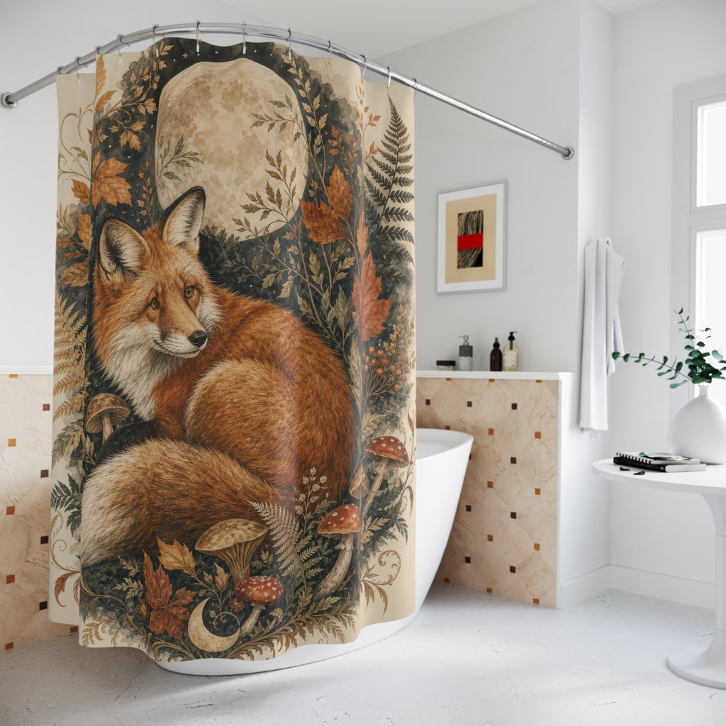 Fox Shower Curtain, Woodland Fox Bath Decor, Rust Orange Forest Botanical Pattern, Moonlit Autumn Fern Mushroom Guest Bathroom Decor