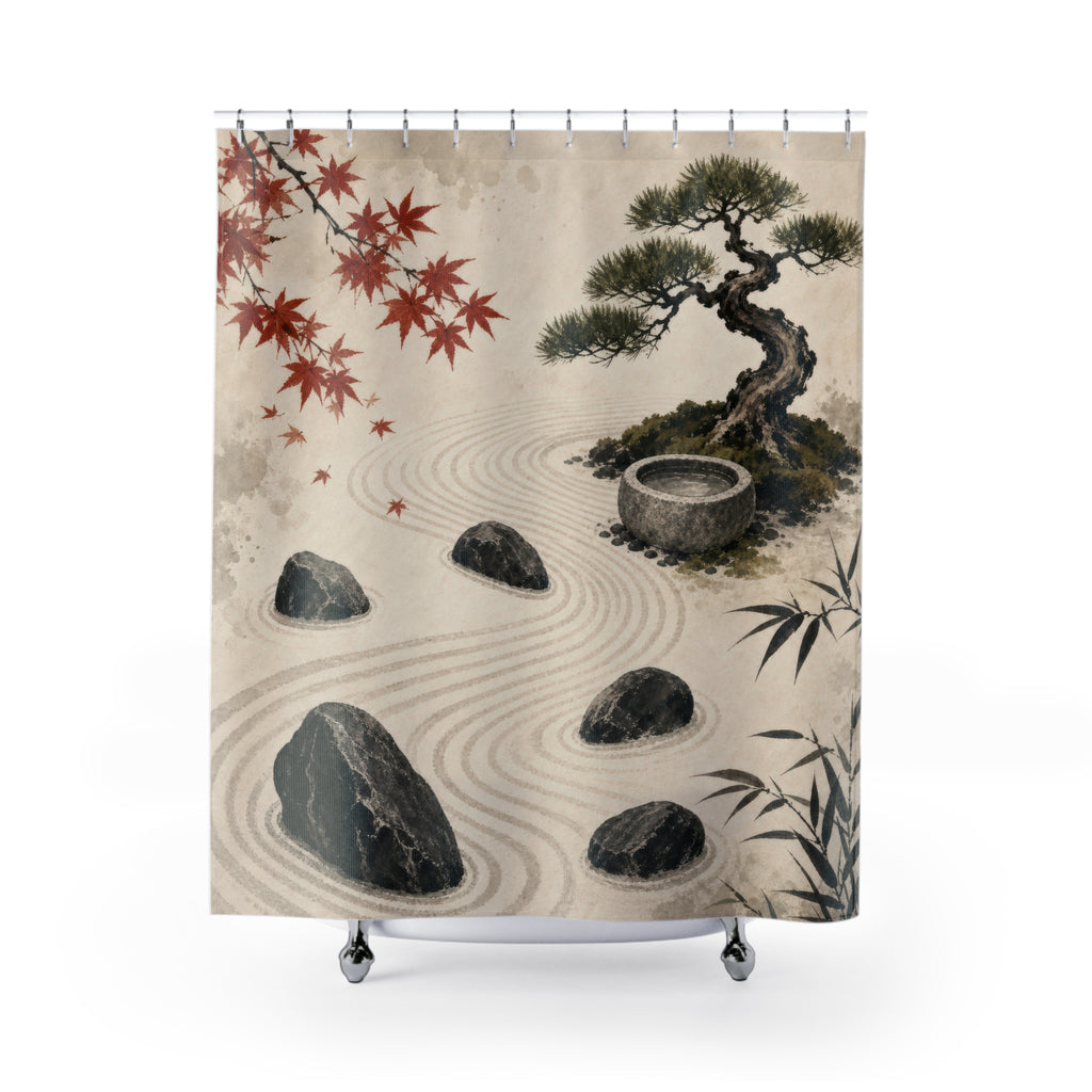Zen Garden Shower Curtain, Sumi Ink Raked Sand and Stones