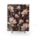 Cream magnolias and olive leaves on wine plum shower curtain with full front view