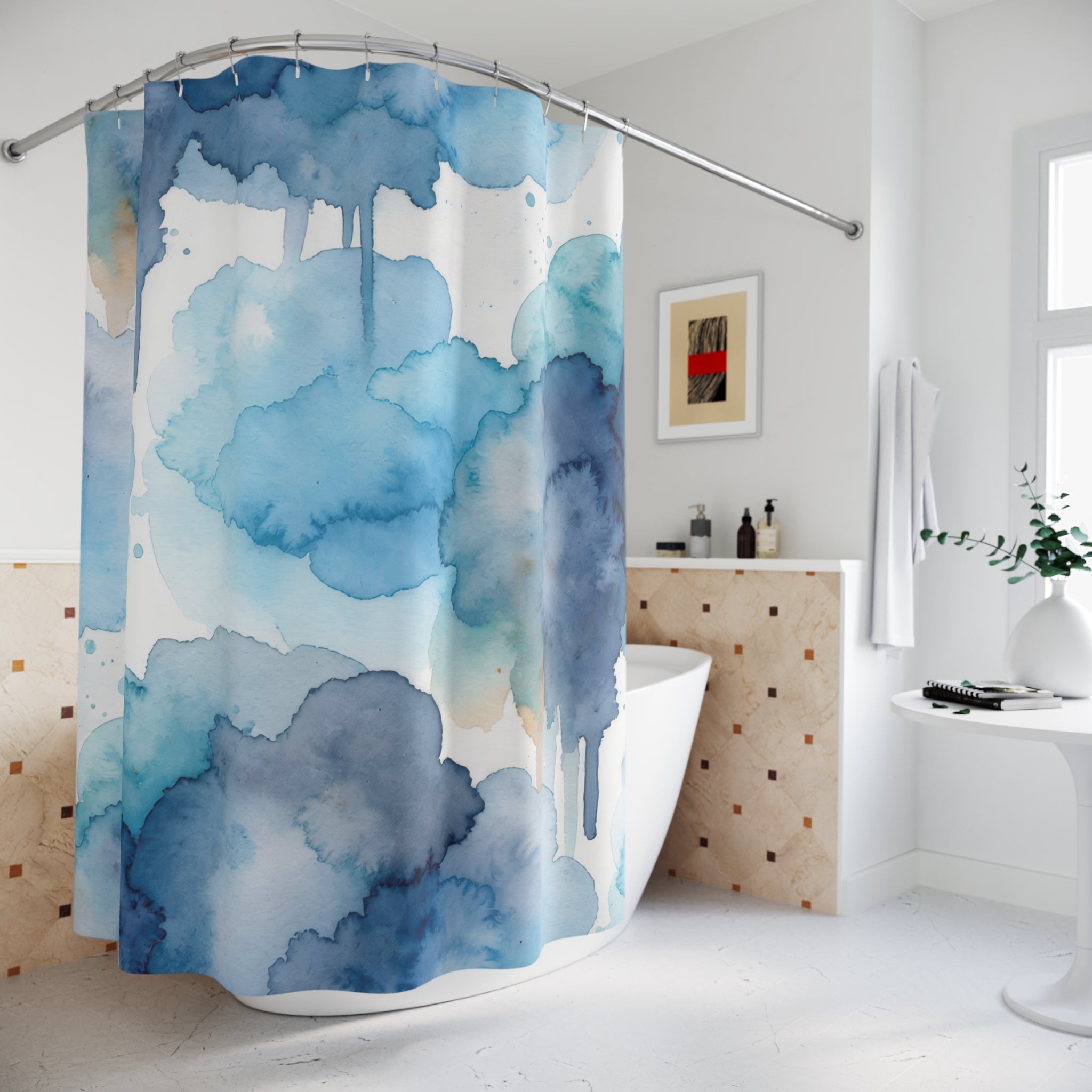 Blue Watercolor Ink Wash Shower Curtain
