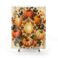 Orange pumpkin harvest rosette shower curtain with full front view