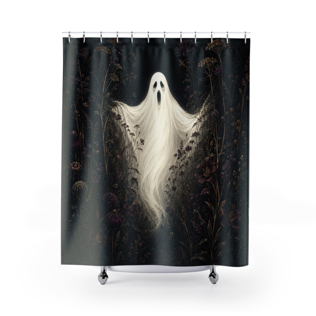 White ghost framed by plum and oxblood wildflowers shower curtain with full front view