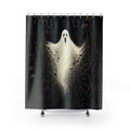 White ghost framed by plum and oxblood wildflowers shower curtain with full front view
