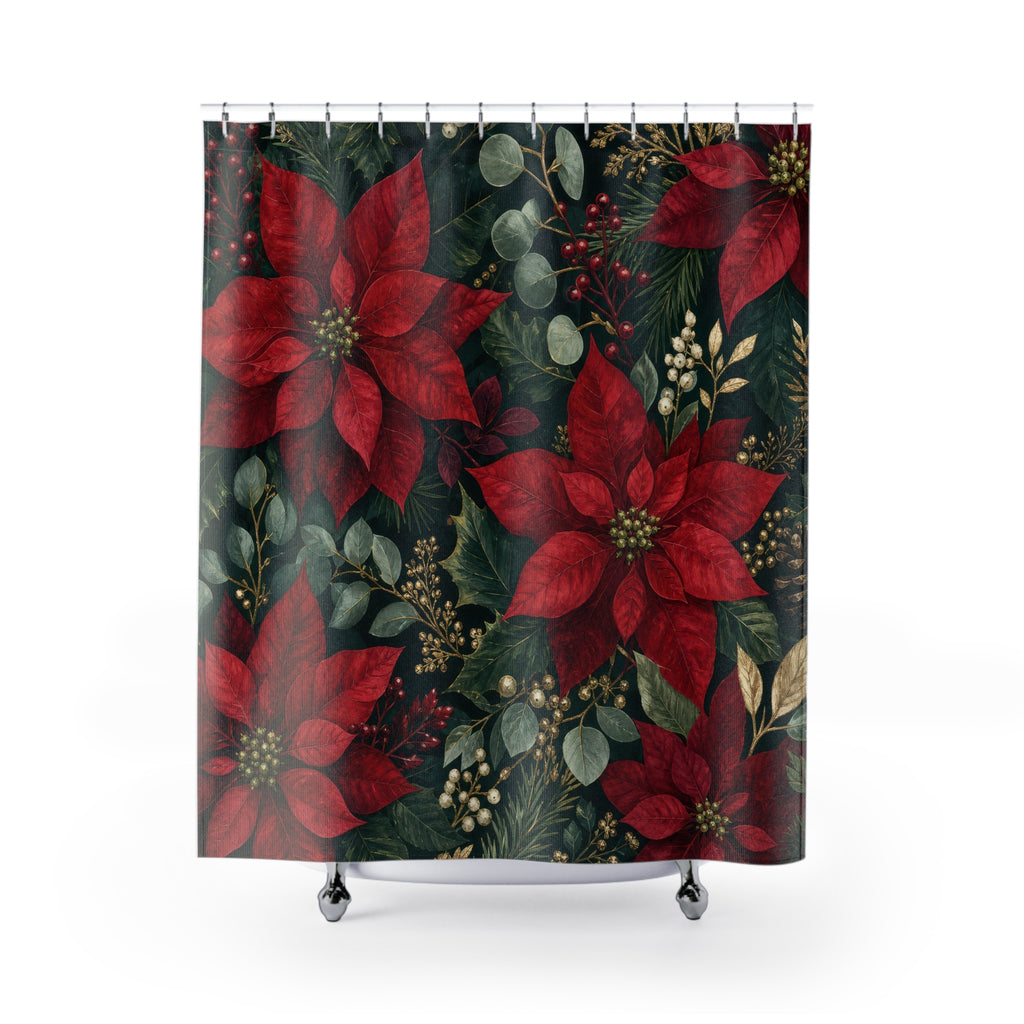 Red Poinsettia Dark Green Shower Curtain