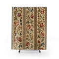 Antique ivory Jacobean floral stripes shower curtain with full front view
