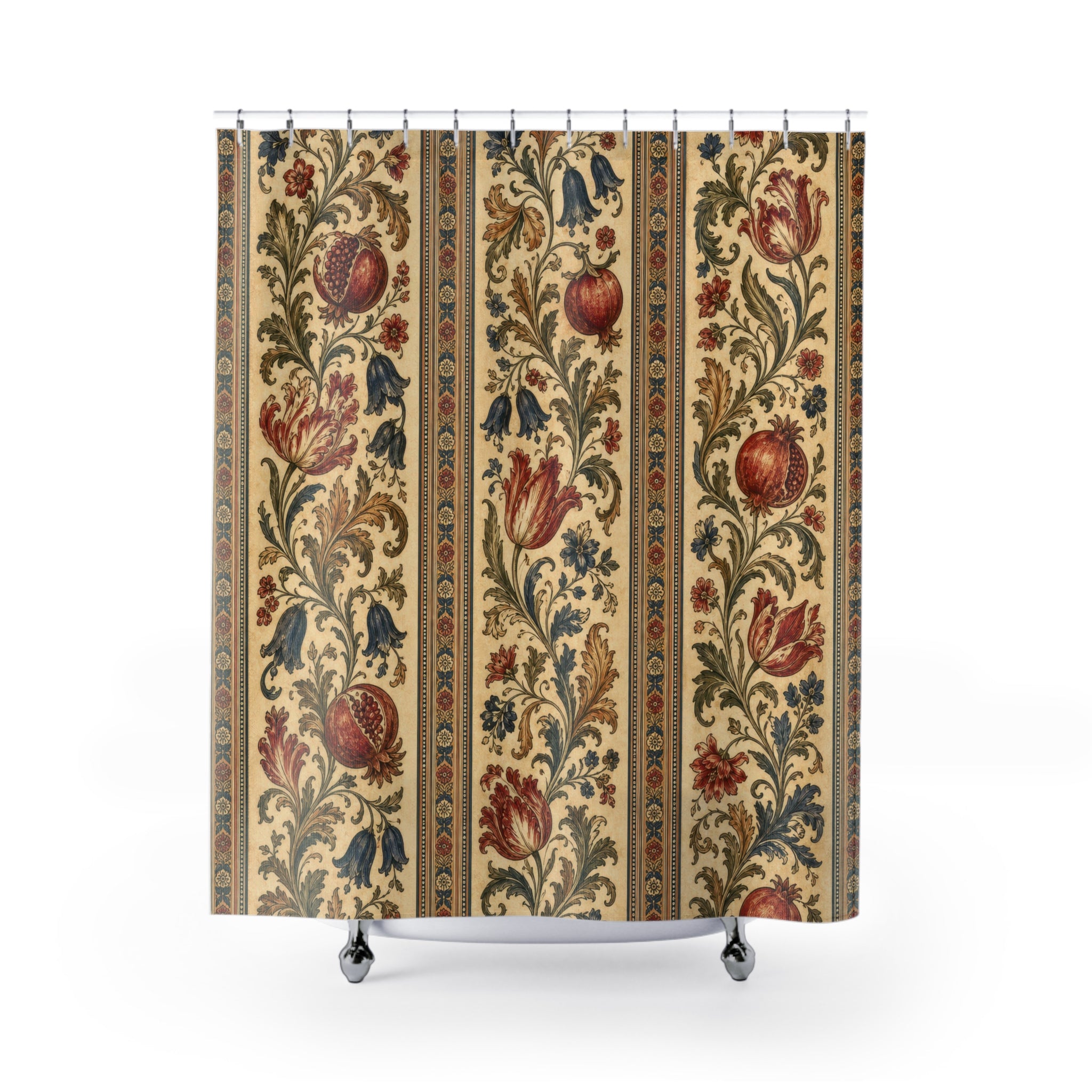 Antique ivory Jacobean floral stripes shower curtain with full front view