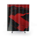 Black mountain ridges around a crimson lake and red sky shower curtain with full front view