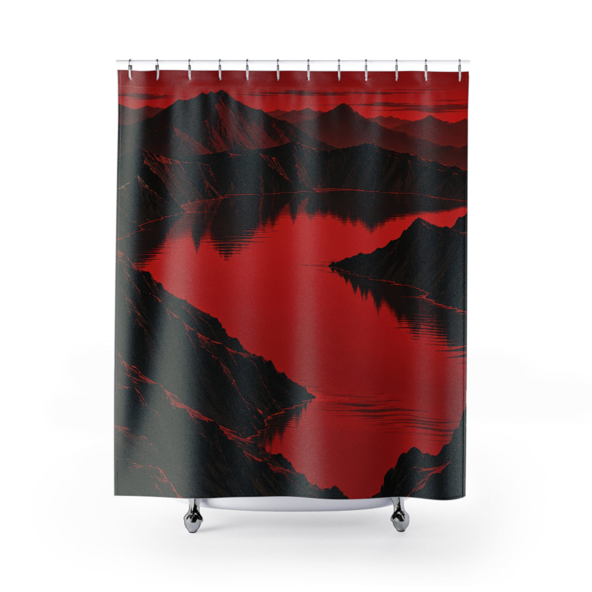 Black mountain ridges around a crimson lake and red sky shower curtain with full front view