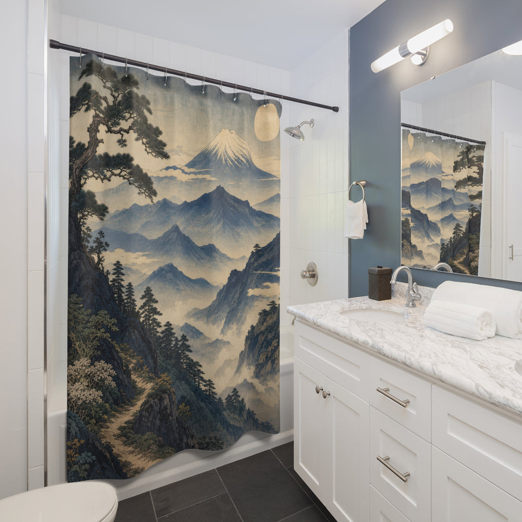 Unique Mountain Shower Curtain, Misty Blue Landscape Art, Moon Pine Japanese Inspired Decor, Serene Guest Bath Wall Accent Gift For Home