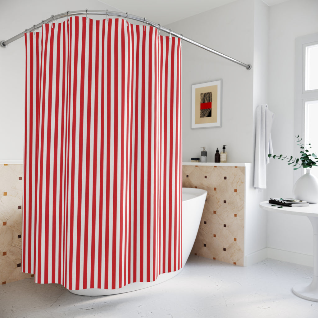 Red White Thin Pinstripe Shower Curtain