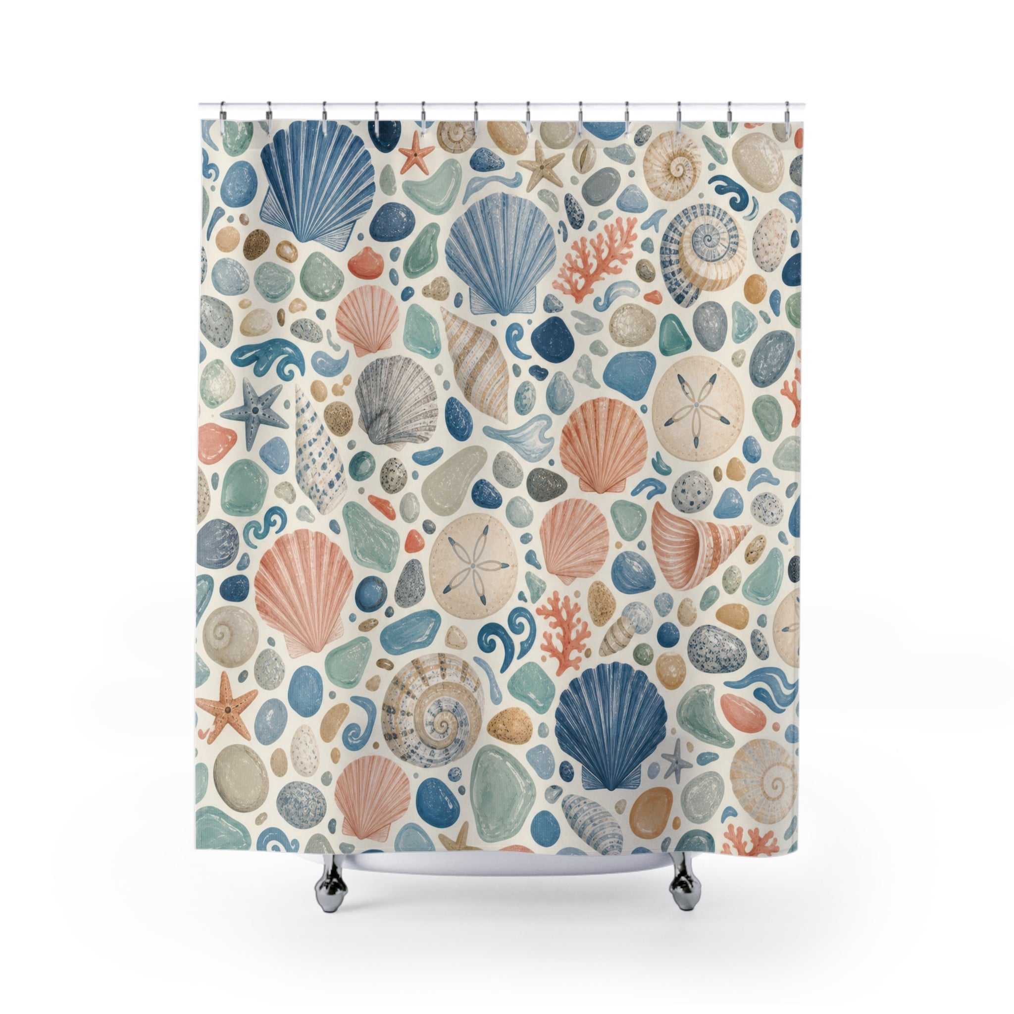Unique Coastal Shower Curtain, Seashell Terrazzo Pattern, Aqua Peach Beach Decor, Playful Ocean Guest Bath, Aqua Shell Pattern Style