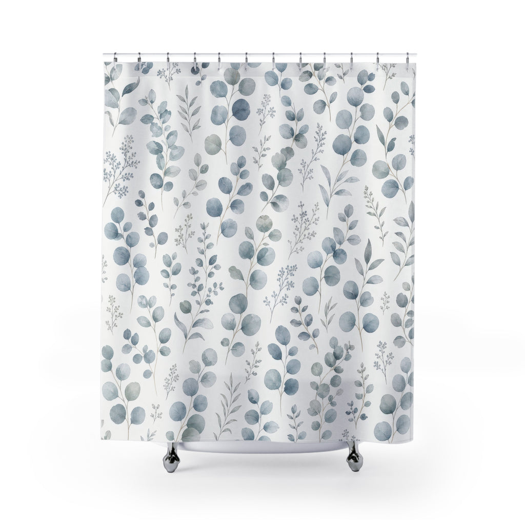 Blue Green Botanical eucalyptus soft shower curtain with full front view