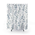 Blue Green Botanical eucalyptus soft shower curtain with full front view