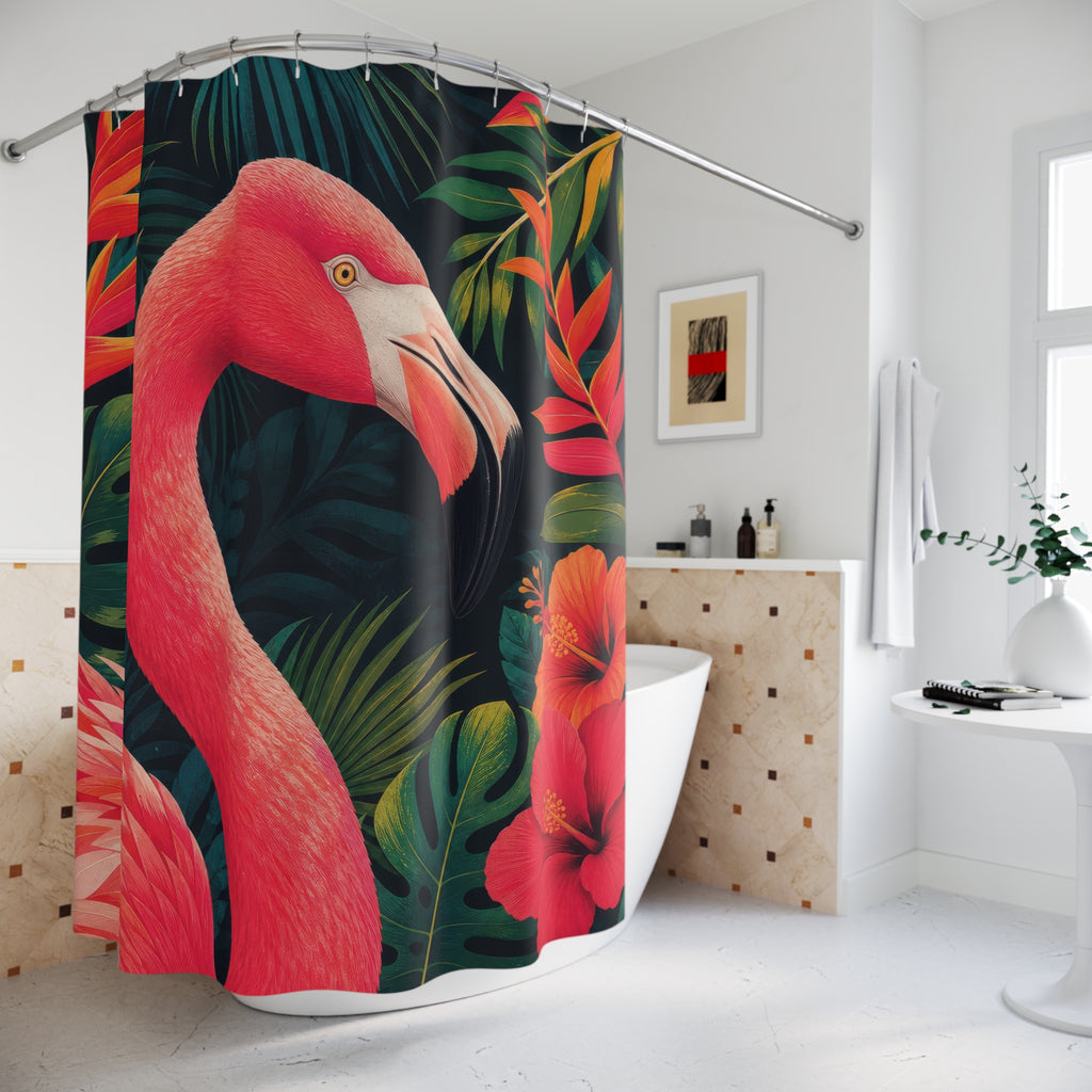 Hot-pink flamingo portrait framed by tropical foliage shower curtain beside a freestanding tub