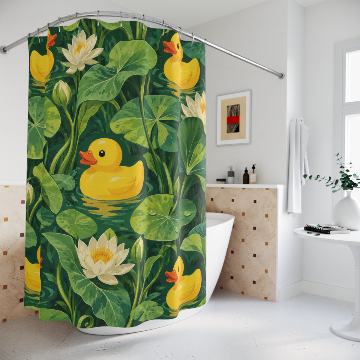 Rubber ducks among green lily pads and white water lilies shower curtain beside a freestanding tub