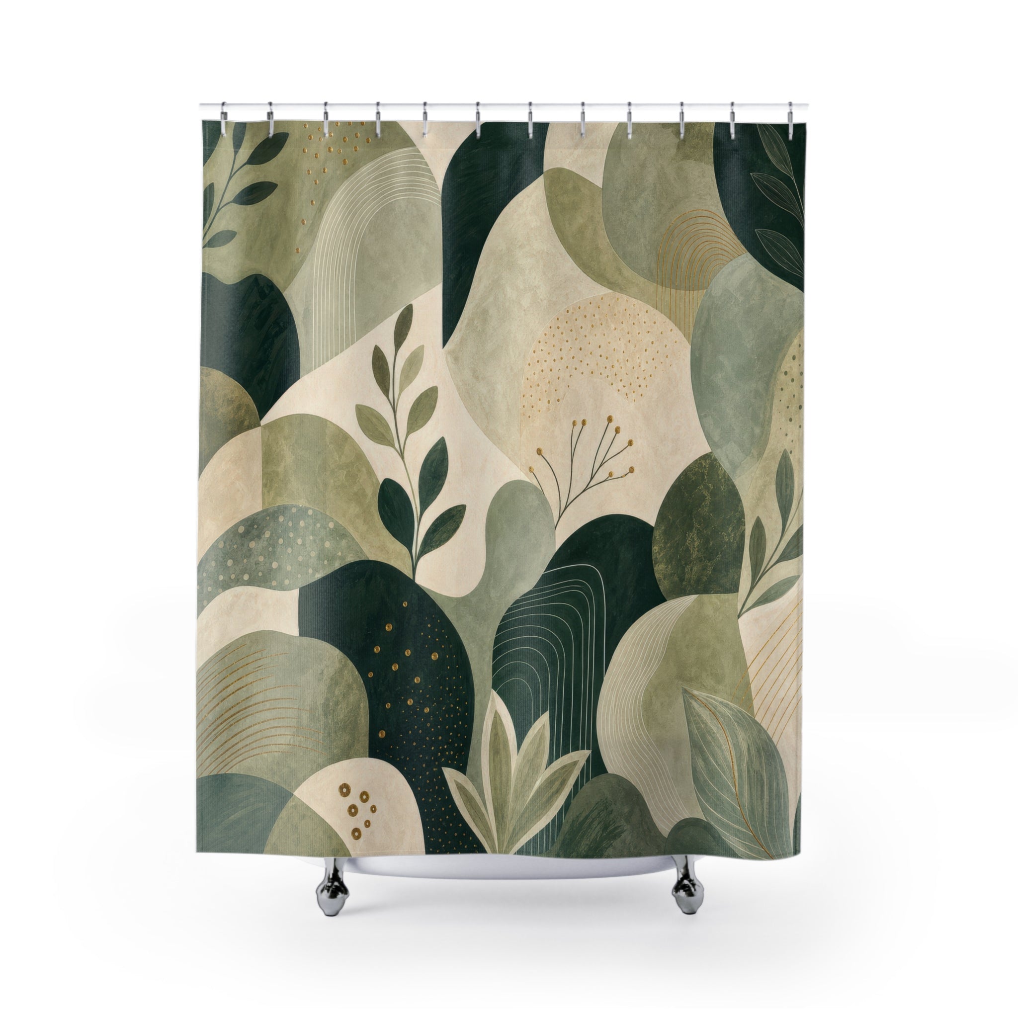 Green Boho Shower Curtain, Modern Botanical Bath Decor, Beige Sage Leaf Abstract Pattern, Organic Neutral Guest Bathroom Decor Style