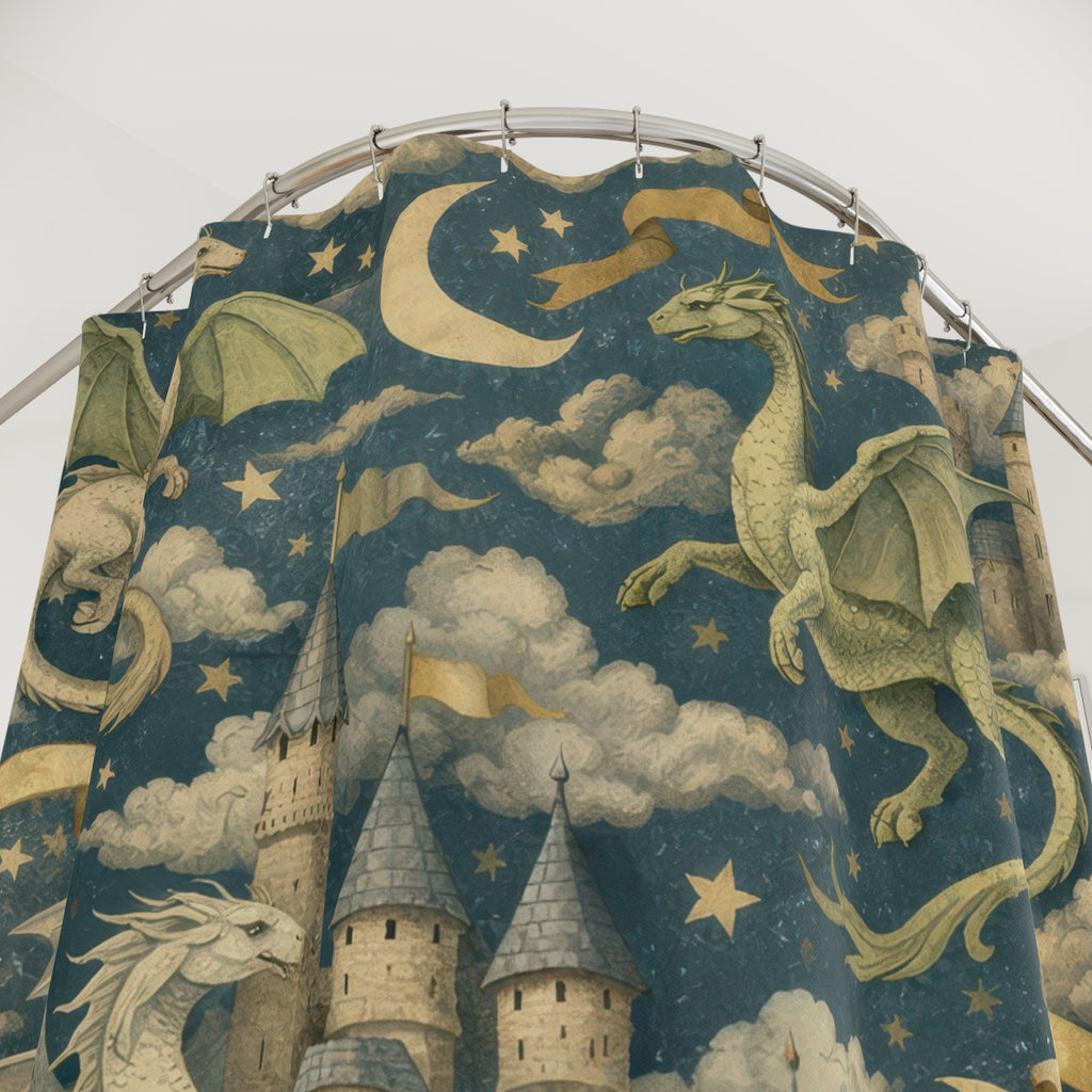 Fantasy Dragon Shower Curtain – Kids Blue & Sage Castle