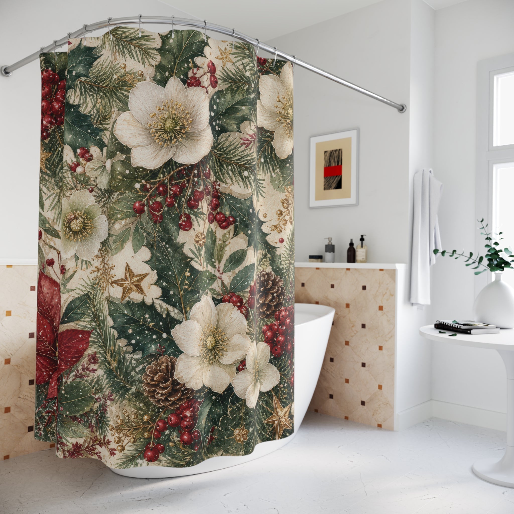 Christmas Shower Curtain: Winter Floral Botanical Pattern