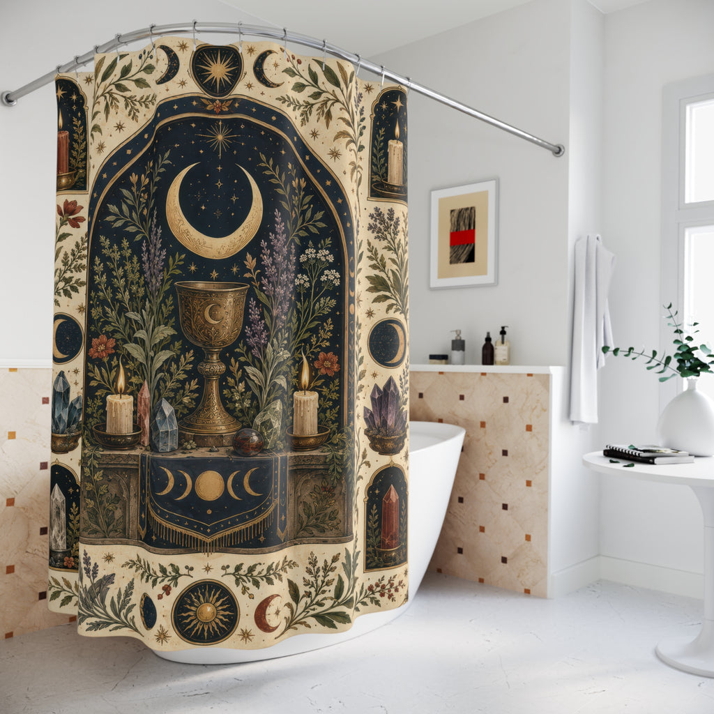 Wiccan celestial altar with moon phases chalice and crystals shower curtain beside a freestanding tub