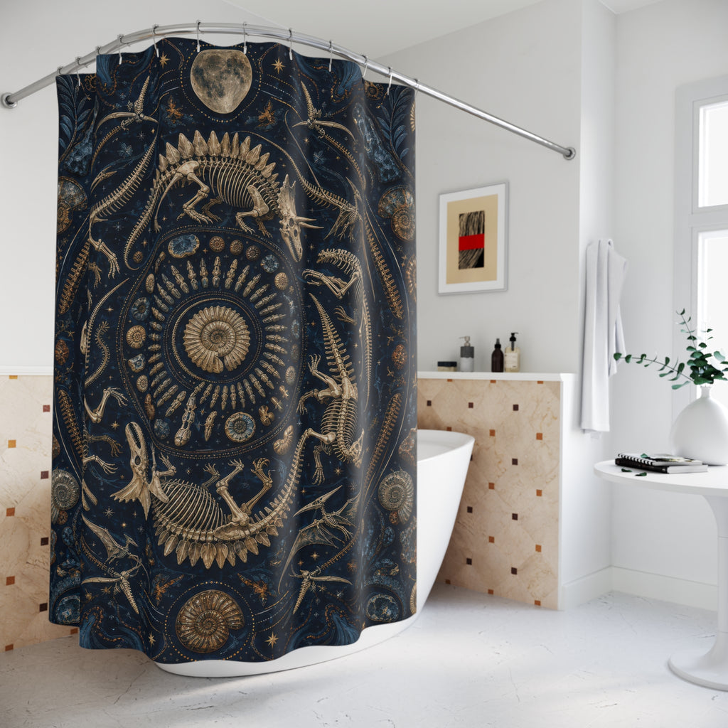 Navy gold dinosaur fossil medallion shower curtain styled beside a freestanding tub