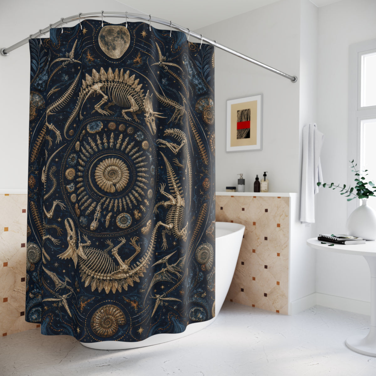 Navy gold dinosaur fossil medallion shower curtain styled beside a freestanding tub