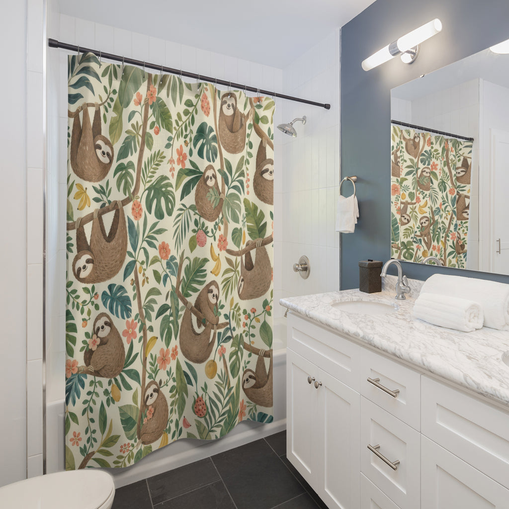 Kids Sloth Shower Curtain, Cute Jungle Animal Pattern, Tropical Leaf Bathroom Decor, Nursery Jungle Wall Decor Guest Bath Wall Gift