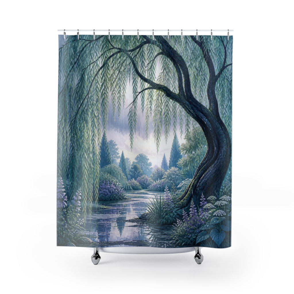 Blue willow tree framing a lavender garden pond shower curtain with full front view
