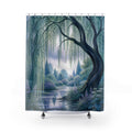 Blue willow tree framing a lavender garden pond shower curtain with full front view