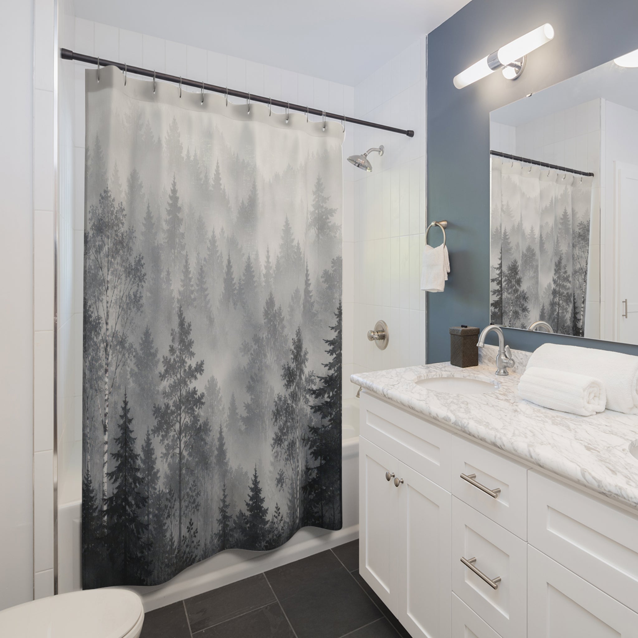Misty Grey Tree Landscape Shower Curtain