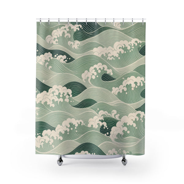 Green Japanese Wave Shower Curtain
