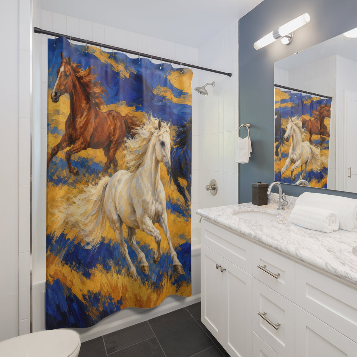 Ivory, chestnut and blue horses on cobalt and saffron shower curtain beside a white vanity