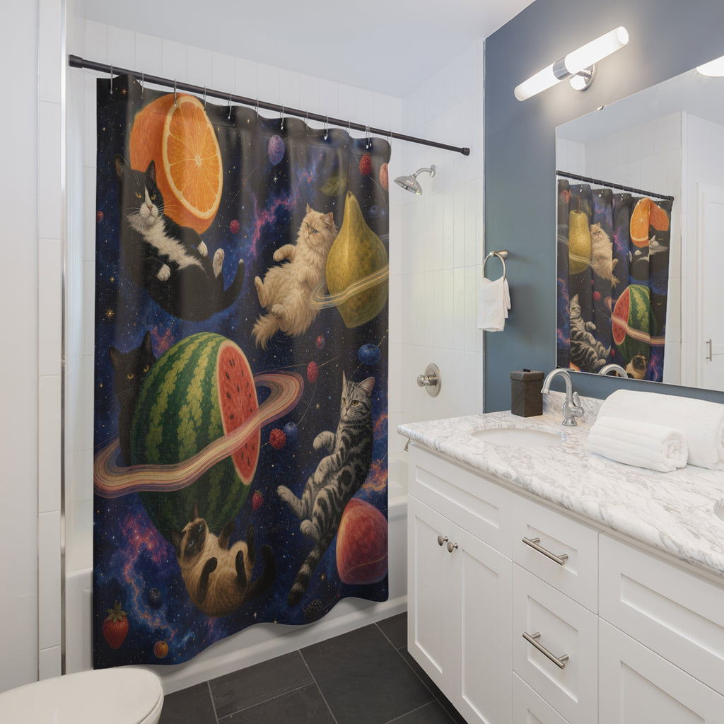 Cosmic Cats and Fruit Planets Shower Curtain
