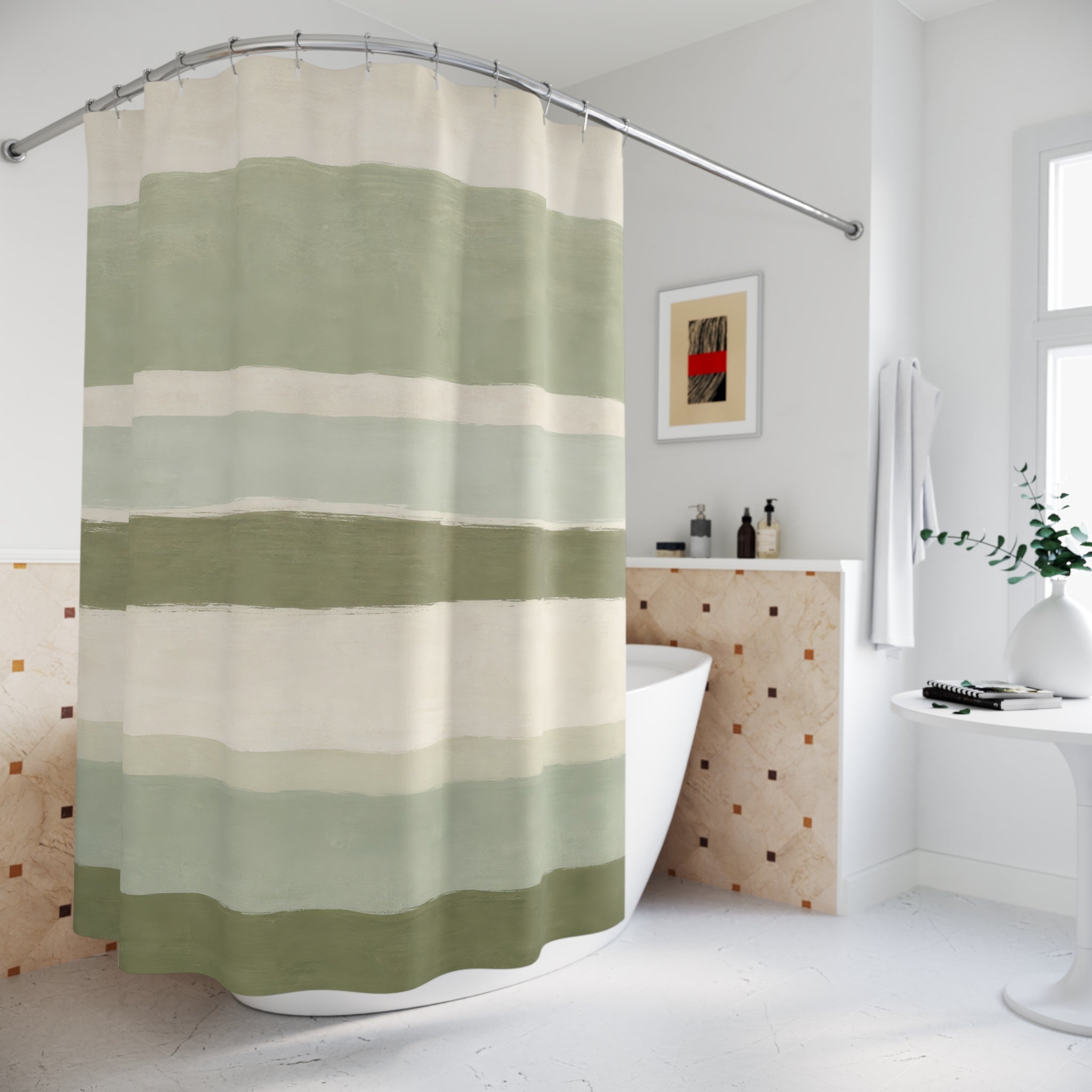 Sage Watercolor Stripe Shower Curtain