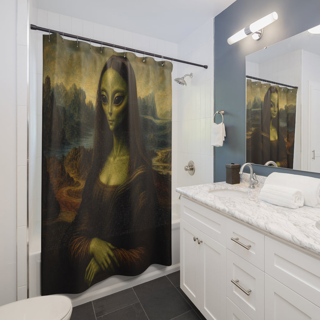 Unique Funny Shower Curtain, Alien Mona Lisa Classic Art Parody, UFO Inspired Bathroom Humor, Weird Guest Bath Decor Art