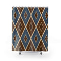 Blue and brown diamond lattice with ivory lines shower curtain with full front view