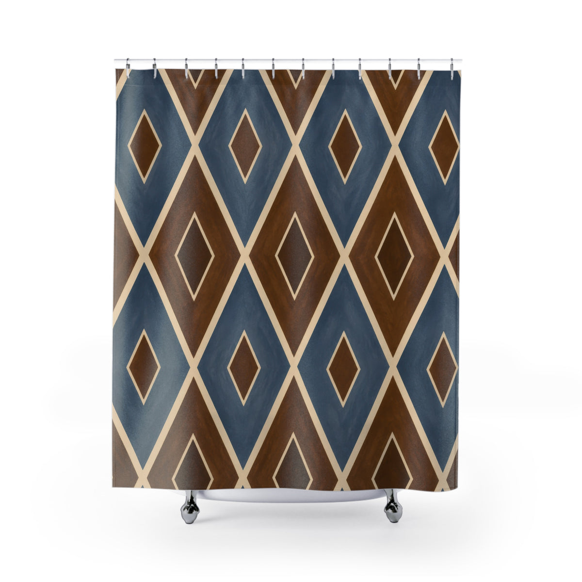 Blue and brown diamond lattice with ivory lines shower curtain with full front view