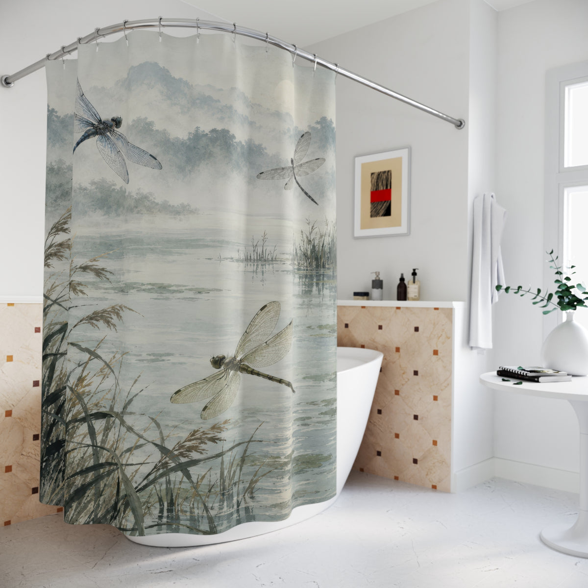 Blue-grey pond and hovering dragonflies shower curtain beside a freestanding tub