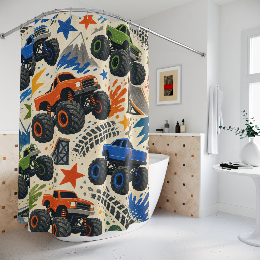 Monster Truck Shower Curtain, Off Road Vehicle Bathroom Decor, Tire Track Bath Curtain, Big Truck Kids Bathroom Art, Boys Bath Decor