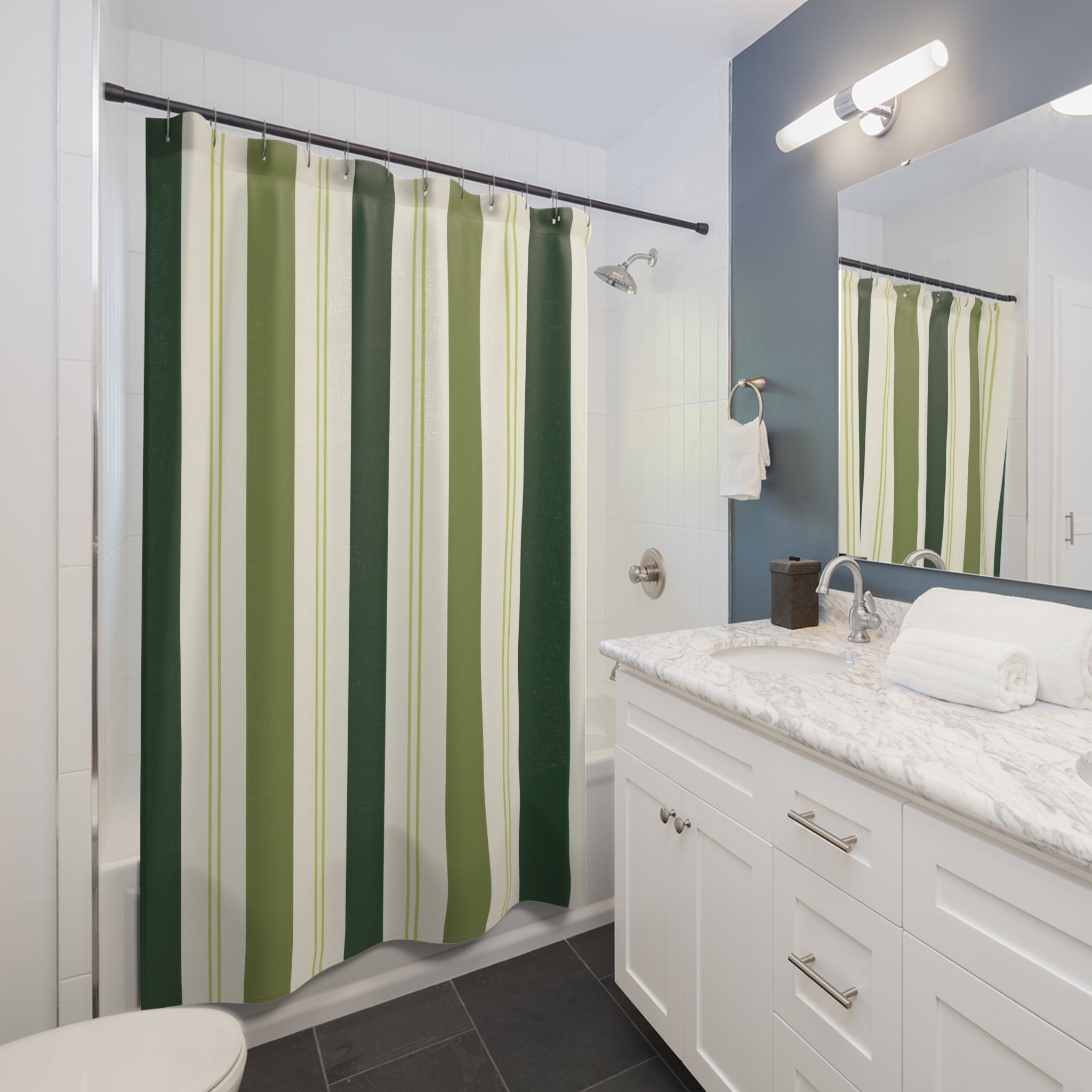 Forest Green Olive Vertical Stripe Shower Curtain