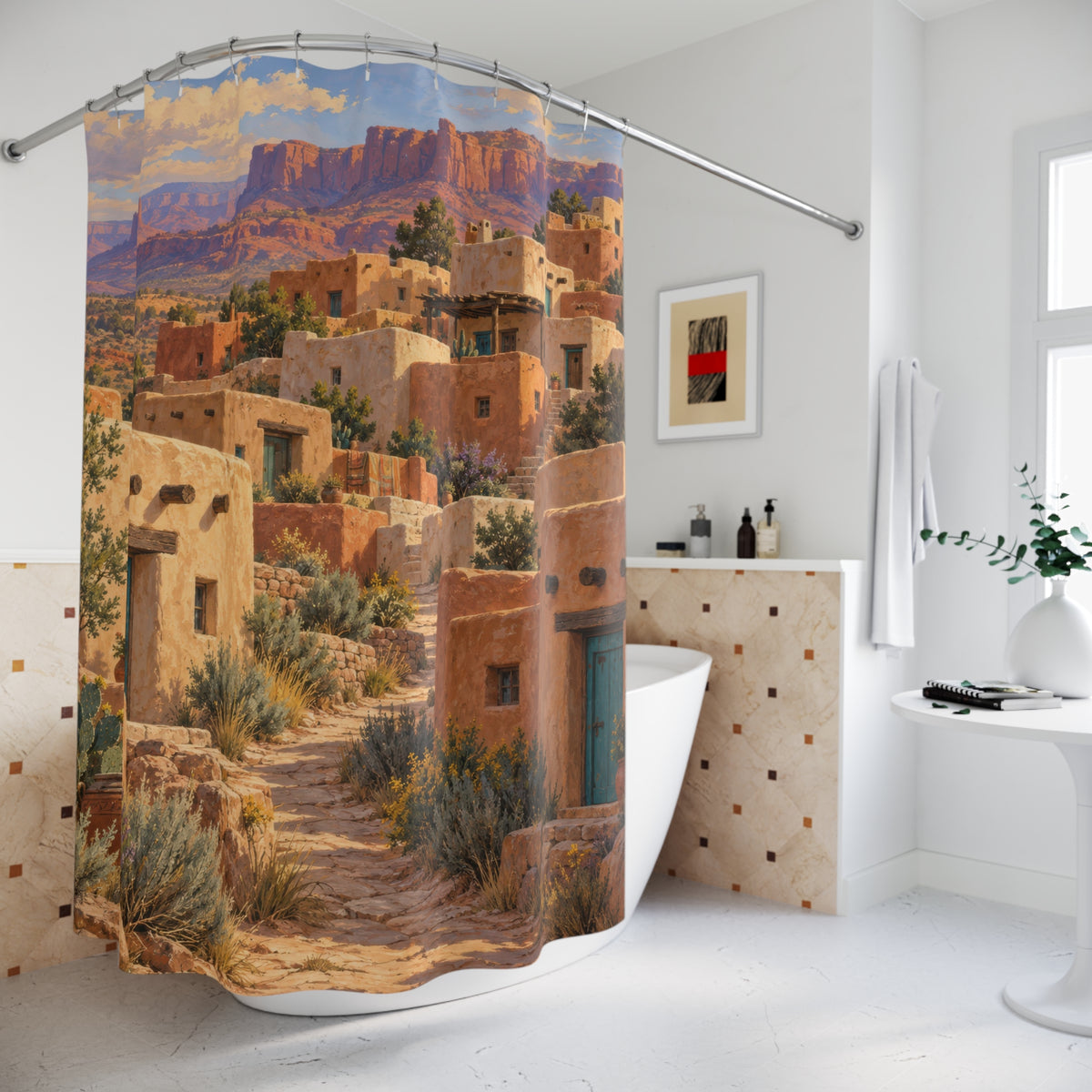 Warm adobe houses with turquoise doors and a stone path shower curtain beside a freestanding tub