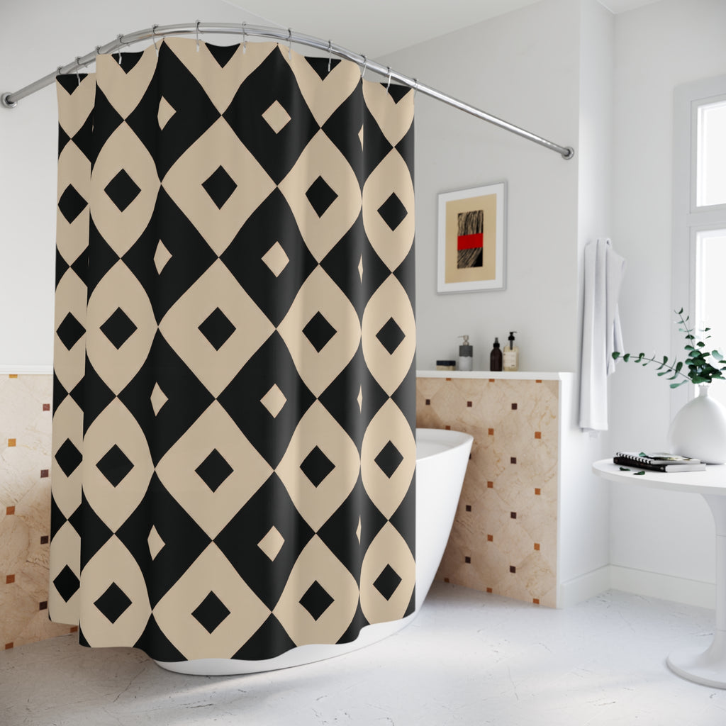 Beige and black inset diamond checks shower curtain beside a freestanding tub