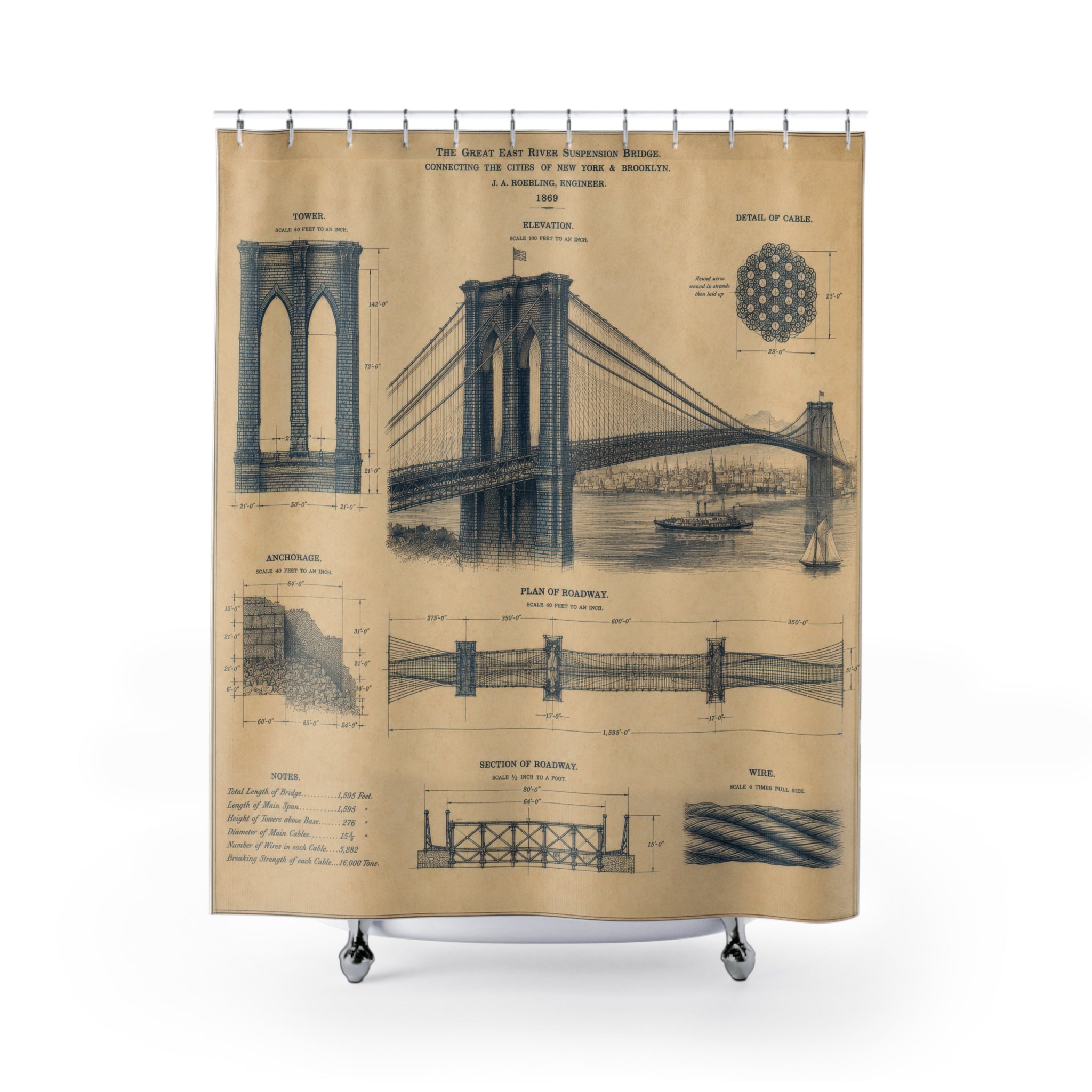 Vintage Bridge Shower Curtain: Architectural Blueprint