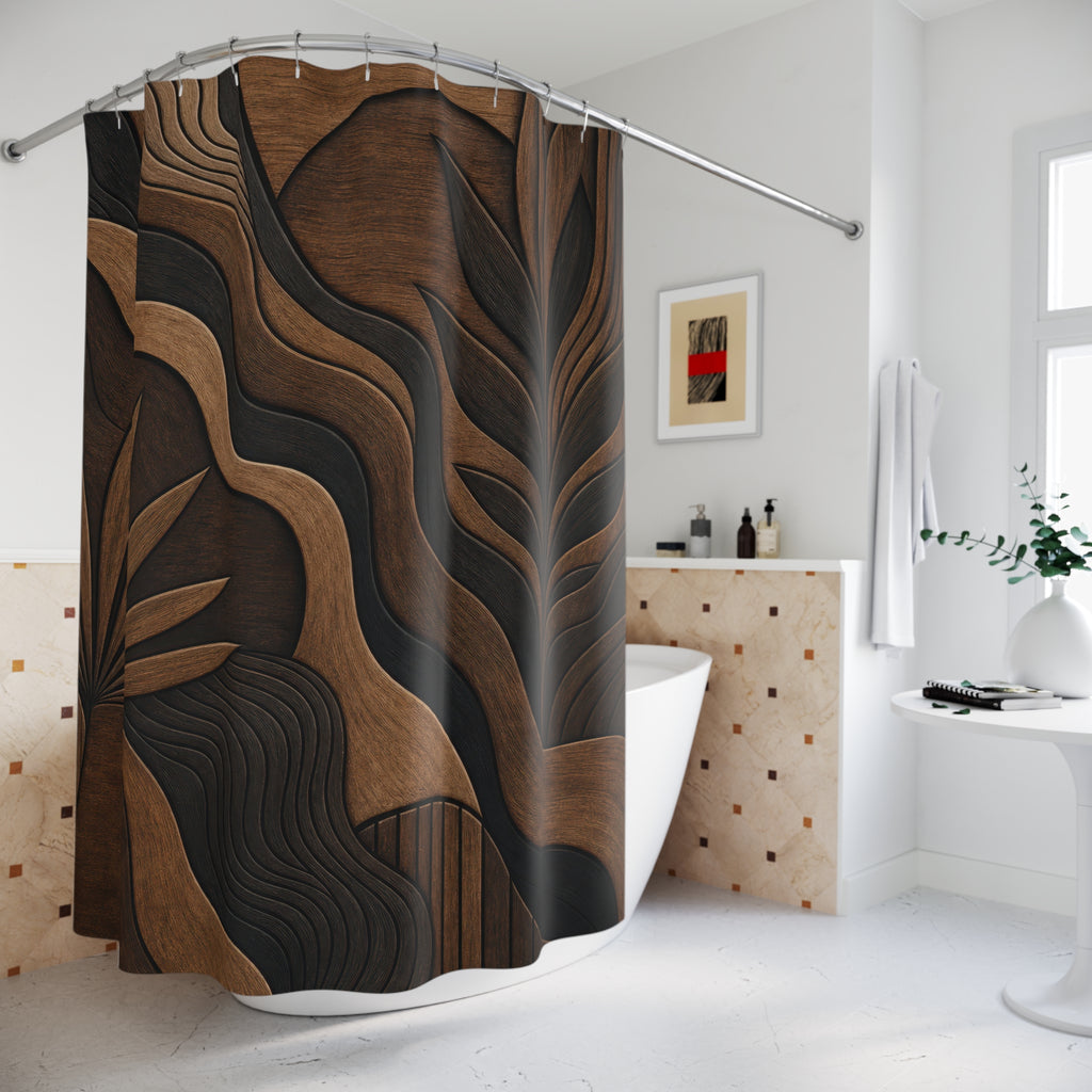 Leaf Shower Curtain, Black Brown Botanical Bath Decor, Stone Contour Pattern, Organic Earth Tone Neutral Guest Bathroom Decor Style