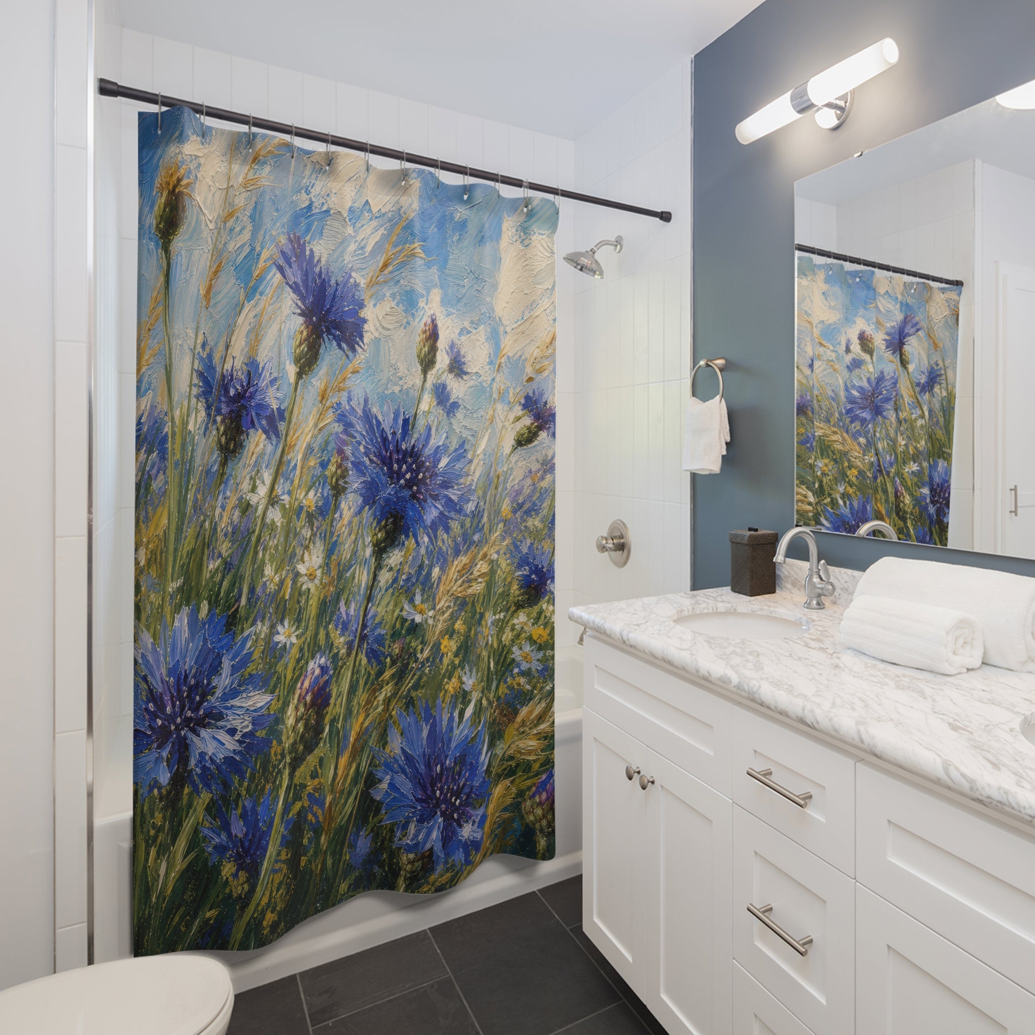 Oil Sketch Blue Cornflowers Shower Curtain